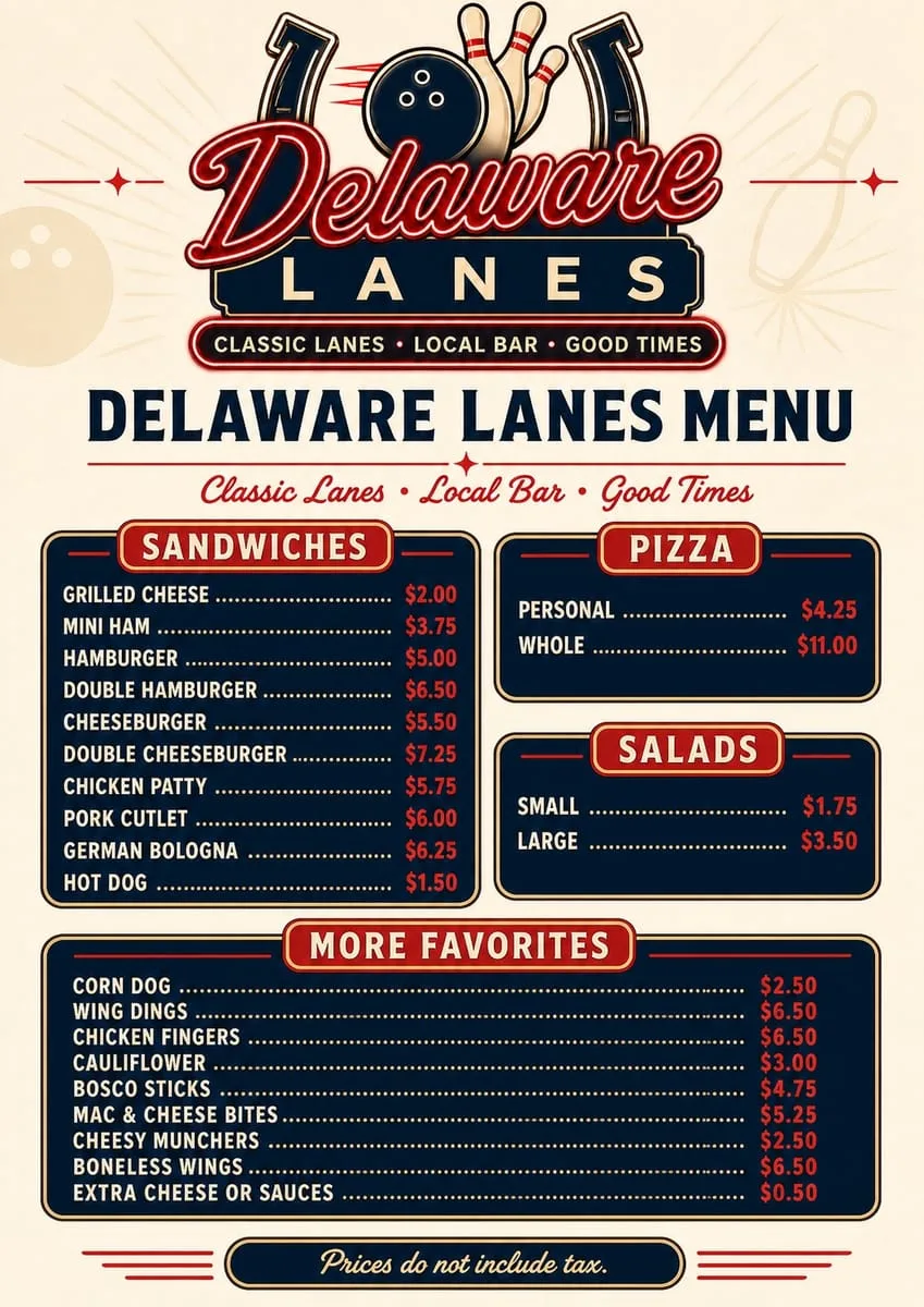 Delaware Lanes menu page 1, Sandwiches, Pizza, Salads, More Favorites