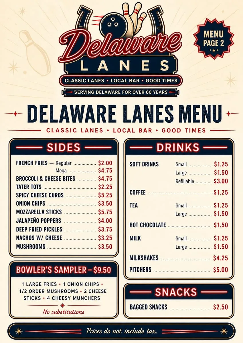 Delaware Lanes menu page 2, Sides, Bowler's Sampler, Drinks, Snacks