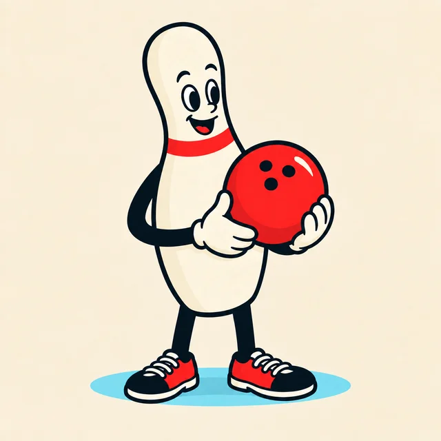 A smiling bowling-pin character comfortably cradles a bowling ball.