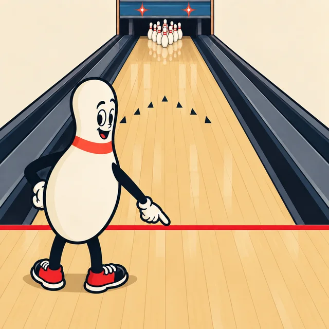 A Pin Pal stands with both shoes safely behind the red foul line.